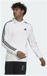 Adidas Essentials 3-Stripes Ανδρικό Φούτερ με Κουκούλα και Τσέπες Fleece Λευκό