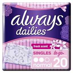 Always Dailies Singles To Go Normal Fresh Scent Σερβιετάκια για Κανονική Ροή 2 Σταγόνες 20τμχ από το ΑΒ Βασιλόπουλος