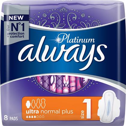 Always Platinum Ultra Normal Plus Σερβιέτες με Φτερά για Κανονική Ροή 4 Σταγόνες Μέγεθος 1 8τμχ από το Pharm24