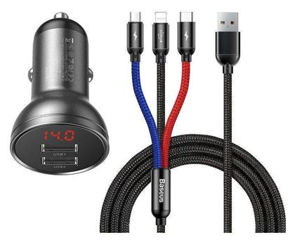Baseus Φορτιστής Αυτοκινήτου με Θύρες 2xUSB-A και Καλώδιο Type-C / Lightning / Micro-USB