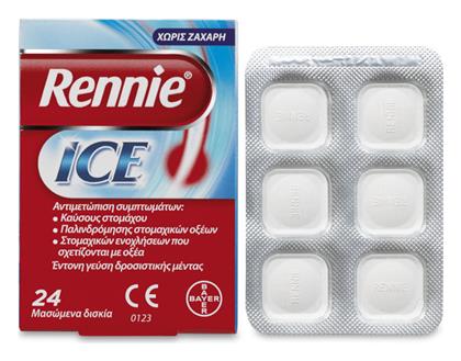 Bayer Rennie Ice Αντιμετώπιση Συμπτωμάτων Καύσους Στομάχου/Γαστρικών Ενοχλήσεων 24 Μασώμενα Δισκία Cool Mint Χωρίς Ζάχαρη