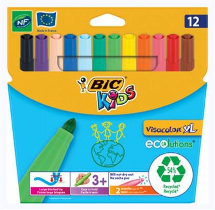 Bic Kids Ecolutions Visacolor XL Πλενόμενοι Μαρκαδόροι Ζωγραφικής Χονδροί σε 12 Χρώματα