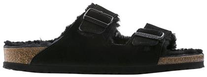 Birkenstock Arizona Shearling Ανατομικές Δερμάτινες Γυναικείες Παντόφλες σε Μαύρο Χρώμα