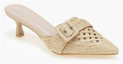 Χαμηλά Μυτερά Mules Λεπτό Τακούνι Σχέδιο Ψάθας Μπεζ