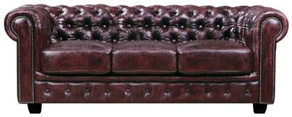 Chesterfield τ.689 Τριθέσιος Καναπές Γνήσιο Δέρμα Antique Κόκκινο 201x92εκ.