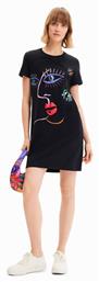 Desigual Arty Face Καλοκαιρινό Mini T-shirt Φόρεμα Μαύρο