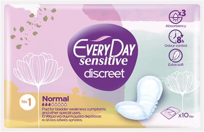 Every Day Sensitive Discreet Normal No1 Γυναικείες Σερβιέτες Ακράτειας Κανονικής Ροής 3 Σταγόνες 10τμχ από το ΑΒ Βασιλόπουλος