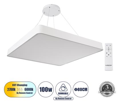 GloboStar Kamala Τετράγωνο Κρεμαστό LED Panel 100W με Ρυθμιζόμενο Λευκό Φως 80x80εκ.