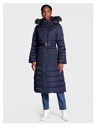 Guess Μακρύ Γυναικείο Puffer Μπουφάν με Γούνινη Κουκούλα για Χειμώνα Navy Μπλε