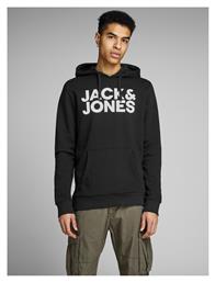 Jack & Jones Logo Ανδρικό Φούτερ με Κουκούλα και Τσέπες Μαύρο