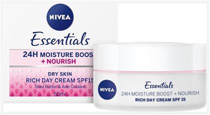 Nivea Essentials Moisture Boost + Nourish Rich 24ωρη Ενυδατική Κρέμα Προσώπου Ημέρας με SPF15 για Ξηρές Επιδερμίδες 50ml