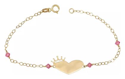 Παιδικό Βραχιόλι Ταυτότητα από Χρυσό 14K με Καρδιά, Κορώνα, Κοριτσάκι & Πέτρες