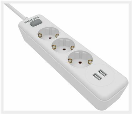 Philips Πολύπριζο Ασφαλείας 3 Θέσεων με 2 USB-A, Διακόπτη και Καλώδιο 1.5m