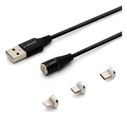 Savio Magnetic USB to Lightning / Type-C / micro USB Cable Μαύρο 2m (CL-155)