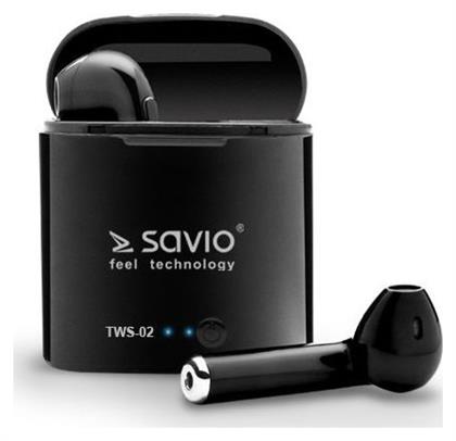 Savio TWS-02 Earbud Bluetooth Handsfree Ακουστικά με Θήκη Φόρτισης Μαύρα από το e-shop